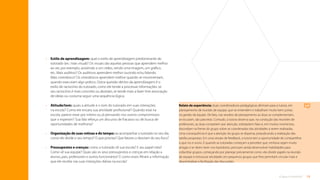 19
O que é tutoria?
•	
Estilo de aprendizagem: qual o estilo de aprendizagem predominante do
tutorado (ex.: mais visual)? Os visuais são aquelas pessoas que aprendem melhor
ao ver, por exemplo, assistindo a um vídeo, vendo uma imagem, um gráfico,
etc. Mais auditivo? Os auditivos aprendem melhor ouvindo e/ou falando.
Mais cinestésico? Os cinestésicos aprendem melhor quando se movimentam,
quando executam algo prático. Outra questão dentro da aprendizagem é o
estilo de raciocínio do tutorado, como ele tende a processar informações: se
seu raciocínio é mais concreto ou abstrato, se tende mais a fazer livre associação
de ideias ou costuma seguir uma sequência lógica.
•	
Atitude/tom: quais a atitude e o tom do tutorado em suas interações
na escola? Como ele encara sua atividade profissional? Quando está na
escola, parece estar por inteiro ou já pensando nos outros compromissos
que o esperam? Sua fala reforça um discurso de fracasso ou de busca de
oportunidades de melhoria?
• 
Organização de suas rotinas e do tempo: ao acompanhar o tutorado no seu dia,
como ele divide o seu tempo? O que prioriza? Que fatores o desviam do seu foco?
•	
Pressupostos e crenças: como o tutorado vê sua escola? E seu papel nela?
Como vê sua equipe? Quais são os seus pressupostos e crenças em relação a
alunos, pais, professores e outros funcionários? E como esses filtram a informação
que ele recebe nas suas interações diárias na escola?
Relato de experiência: duas coordenadoras pedagógicas afirmam para a tutora, em
planejamento de reunião de equipe, que se entendem e trabalham muito bem juntas
na gestão da equipe. De fato, nas sessões de planejamento as duas se complementam,
se escutam, são parceiras. Contudo, a tutora observa que, na condução das reuniões de
professores, as duas competem por atenção, sobrepõem falas e, em muitos momentos,
discordam na frente do grupo sobre as coordenadas das atividades a serem realizadas.
Uma consequência é que a atenção do grupo se dispersa, prejudicando a realização das
tarefas propostas. Em uma sessão de feedback, a tutora tem a oportunidade de compartilhar
o que viu e ouviu. É quando as tutoradas começam a perceber que, embora sejam muito
amigas e se deem bem nos bastidores, precisam ainda desenvolver habilidades para
cofacilitar grupos, começando por planejar previamente como vão dividir papéis na reunião
de equipe e estruturar atividades em pequenos grupos que lhes permitam circular mais e
descentralizar a facilitação das discussões.
Sumário
 