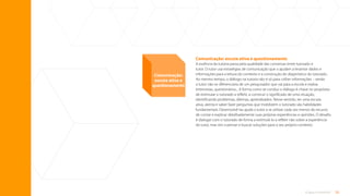 33
O que é tutoria?
Comunicação: escuta ativa e questionamento
A essência da tutoria passa pela qualidade das conversas entre tutorado e
tutor. O tutor usa estratégias de comunicação que o ajudam a levantar dados e
informações para a leitura do contexto e a construção do diagnóstico do tutorado.
Ao mesmo tempo, o diálogo na tutoria não é só para colher informações – senão
o tutor não se diferenciaria de um pesquisador que vai para a escola e realiza
entrevistas, questionários... A forma como se conduz o diálogo é chave no propósito
de estimular o tutorado a refletir, a construir o significado de uma situação,
identificando problemas, dilemas, aprendizados. Nesse sentido, ter uma escuta
ativa, atenta e saber fazer perguntas que mobilizem o tutorado são habilidades
fundamentais. Desenvolvê-las ajuda o tutor a se utilizar cada vez menos do recurso
de contar e explicar detalhadamente suas próprias experiências e opiniões. O desafio
é dialogar com o tutorado de forma a estimulá-lo a refletir não sobre a experiência
do tutor, mas sim a pensar e buscar soluções para o seu próprio contexto.
Comunicação:
escuta ativa e
questionamento
Sumário
 