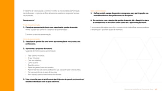 43
Rotinas de trabalho de Tutoria de Área
Após a apresentação
5.	
Defina junto à equipe de gestão cronograma para participação nas
reuniões coletivas dos professores da disciplina.
6.	
Em conjunto com a equipe de gestão da escola, dê a devolutiva para
o coordenador da iniciativa sobre como foi a apresentação inicial.
É o momento de avaliar como foi o contato inicial e identificar pontos positivos
e de atenção e possíveis ações de melhoria.
O trabalho de tutoria ajuda a conhecer melhor as necessidades de formação
de professores – e precisa ser feito ativamente para tentar responder a essas
necessidades.
Como ocorre?
Antes da apresentação
1. Planeje a apresentação junto com a equipe de gestão da escola.
Alinhe o papel das partes e o objetivo da apresentação.
Combine a data da apresentação.
Início da apresentação
2.	
A equipe de gestão faz uma breve apresentação de você, tutor, aos
professores.
3.	
Apresente a proposta de tutoria.
Sugestão de roteiro para a apresentação:
• Falar sobre a iniciativa;
• O que é tutoria;
• Qual seu objetivo;
• Como ocorre;
• Quando ocorre;
• Papel das partes (tutor e tutorado);
• Apresentar falas de outros professores que passaram pela tutoria/vídeo;
• Contar experiências e casos de sucesso;
• Abrir espaço para esclarecimento de dúvidas.
4.	
Faça o convite para os professores participarem e agende os encontros/
sessões individuais com os que aderirem.
Sumário
 