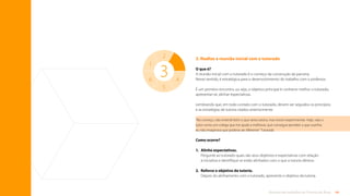 44
Rotinas de trabalho de Tutoria de Área
3. Realize a reunião inicial com o tutorado
O que é?
A reunião inicial com o tutorado é o começo da construção da parceria.
Nesse sentido, é estratégica para o desenvolvimento do trabalho com o professor.
É um primeiro encontro, ou seja, o objetivo principal é conhecer melhor o tutorado,
apresentar-se, alinhar expectativas.
Lembrando que, em todo contato com o tutorado, devem ser seguidos os princípios
e as estratégias de tutoria citados anteriormente.
Como ocorre?
1.	Alinhe expectativas.
Pergunte ao tutorado quais são seus objetivos e expectativas com relação
à iniciativa e identifique se estão alinhados com o que a tutoria oferece.
2. Reforce o objetivo da tutoria.
Depois do alinhamento com o tutorado, apresente o objetivo da tutoria.
3
2
4
5
3
1
6
“No começo, não entendi bem o que seria tutoria, mas resolvi experimentar. Hoje, vejo o
tutor como um colega que me ajuda a melhorar, que consegue peceber o que sozinha
eu não imaginava que poderia ser diferente” Tutorada
Sumário
 