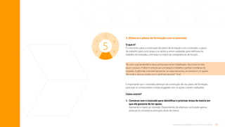 51
Rotinas de trabalho de Tutoria de Área
5. Elabore o plano de formação com o tutorado
O que é?
É o encontro para a construção do plano de formação com o tutorado, o plano
de trabalho para curto prazo e as ações a serem realizadas para melhoria do
trabalho do tutorado, com base na matriz de competências da função.
É importante que o tutorado participe da construção de seu plano de formação,
para que se comprometa e esteja engajado com as ações a serem realizadas.
Como ocorre?
1.	
Converse com o tutorado para identificar e priorizar áreas da matriz em
que ele gostaria de ter apoio.
Apresente a matriz ao tutorado. Dependendo da abertura, você pode apenas
pontuar na conversa as principais áreas da matriz.
5
2
4
5
3
1
6
“Às vezes a gente identifica vários pontos para serem trabalhados. Mas é preciso falar
pouco a pouco. O ideal é começar por um pequeno trabalho e ganhar a confiança do
tutorado. A partir daí, é possível apresentar um segundo ponto, um terceiro e um quarto.
Até onde ir varia de acordo com o perfil do tutorado.” Tutor
Sumário
 