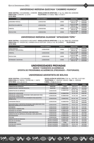 23Guía de Universidades 2011
UNIVERSIDAD INDÍGENA QUECHUA “CASIMIRO HUANCA”
SEDE CENTRAL: COCHABAMBA – CHIMORÉ RESOLUCIÓN DE APERTURA: D. Spr. No. 29664 DEL 02/08/2008
DIRECCIÓN: CHIMORÉ “LA JOTA”	 TELÉFONOS: 4-4136832 FAX: 4-4136317
SITIO WEB:
CARRERA GRADO ACADÉMICO DURACIÓN RESOLUCIÓN FECHA
AGRONOMÍA TROPICAL LICENCIATURA 5 AÑOS
D. Spr. No. 29664 02/08/2008
R.M. No. 144 03/04/2009
INDUSTRIA DE ALIMENTOS LICENCIATURA 5 AÑOS
D. Spr. No. 29664 02/08/2008
R.M. No. 144 03/04/2009
FORESTAL LICENCIATURA 5 AÑOS
D. Spr. No. 29664 02/08/2008
R.M. No. 144 03/04/2009
PISCICULTURA LICENCIATURA 5 AÑOS
D. Spr. No. 29664 02/08/2008
R.M. No. 144 03/04/2009
UNIVERSIDAD INDÍGENA GUARANÍ “APIAGÜAIKI TÜPA”
SEDE CENTRAL: CHUQUISACA–MACHARETI RESOLUCIÓN DE APERTURA: D. Spr. No. 29664 DEL 02/08/2008
DIRECCIÓN: AV. VIRGEN DEL CARMEN S/N EX SEPCAM CASILLA: No. 88 (CAMIRI)	 TELÉFONOS: 	
SITIO WEB:
CARRERA GRADO ACADÉMICO DURACIÓN RESOLUCIÓN FECHA
HIDROCARBUROS
(PETRÓLEO Y GAS NATURAL)
LICENCIATURA 5 AÑOS
D. Spr. No. 29664 02/08/2008
R.M. No. 144 03/04/2009
FORESTAL LICENCIATURA 5 AÑOS
D. Spr. No. 29664 02/08/2008
R.M. No. 144 03/04/2009
PISCICULTURA LICENCIATURA 5 AÑOS
D. Spr. No. 29664 02/08/2008
R.M. No. 144 03/04/2009
VETERINARIA Y ZOOTECNIA LICENCIATURA 5 AÑOS
D. Spr. No. 29664 02/08/2008
R.M. No. 144 03/04/2009
UNIVERSIDADES PRIVADAS
SEDES Y SUBSEDES ACADÉMICAS
OFERTA DE PROGRAMAS ACADÉMICOS (PREGRADO – POSTGRADO)
UNIVERSIDAD ADVENTISTA DE BOLIVIA
SEDE CENTRAL: COCHABAMBA		 RESOLUCIÓN DE APERTURA: R.M. No. 1047 DEL 31/07/1991
DIRECCIÓN: AV. SIMON I. PATIÑO KM. 1, VINTO	 TELÉFONOS: 4 – 4263330 / 4263331 FAX: 4 – 4263336
SITIO WEB: www.uab.edu.bo			 E-MAIL: info@uab.edu.bo
CARRERA O ESPECIALIDAD ACADÉMICA GRADO ACADÉMICO DURACIÓN RESOLUCIÓN FECHA
ADMINISTRACIÓN GERENCIAL MAESTRÍA 4 AÑOS R.M. No. 21 12/01/2000
ADMINISTRACIÓN Y GESTIÓN EDUCATIVA MAESTRÍA 4 SEMESTRES R.M. No. 21 12/01/2000
ADMINISTRACIÓN DE EMPRESAS LICENCIATURA
10 SEMESTRES R.M. No. 1047 31/07/1991
R.M. No. 690 28/08/2008
CIENCIAS DE LA EDUCACIÓN LICENCIATURA 10 SEMESTRES R.S. No. 336 04/08/1997
CIENCIAS DE LA EDUCACIÓN (PROGRAMA COMPLEMENTARIO PARA
PROFESORES NORMALISTAS)
LICENCIATURA 10 SEMESTRES R.S. No. 336 04/08/1997
CIENCIAS DE LA EDUCACIÓN EXCLUSIVAMENTE PARA MAESTROS
NORMALISTAS
LICENCIATURA 4 SEMESTRES R.M. No. 1047 31/07/1991
CONTADURÍA PÚBLICA LICENCIATURA 10 SEMESTRES
R.M. No. 1047 31/07/1991
R.M. No. 690 28/08/2008
EDUCACIÓN FISICA Y DEPORTES (PROGRAMA COMPLEMENTARIO PARA
MAESTROS NORMALISTAS DE EDUCACIÓN FISICA)
LICENCIATURA 4 SEMESTRES R.M. No. 549 18/07/2008
ENFERMERÍA LICENCIATURA 10 SEMESTRES R.M. No. 1047 31/07/1991
FISIOTERAPIA Y KINESIOLOGÍA LICENCIATURA 9 SEMESTRES R.M. No. 549 18/07/2008
INGENIERÍA DE SISTEMAS LICENCIATURA 10 SEMESTRES R.S. No. 336 04/08/1997
INGENIERÍA DE SISTEMAS (PROGRAMA COMPLEMENTARIO) LICENCIATURA 4 SEMESTRES R.M. No. 549 18/07/2008
ADMINISTRACIÓN DE EMPRESAS (PROGRAMA COMPLEMENTARIO) LICENCIATURA 4 SEMESTRES R.M. No. 256 26/07/1999
PSICOPEDAGOGÍA LICENCIATURA 10 SEMESTRES R.M. No. 549 18/07/2008
TEOLOGÍA LICENCIATURA 10 SEMESTRES R.M. No. 1047 31/07/1991
ADMINISTRACIÓN DE NEGOCIOS TÉCNICO SUPERIOR 6 SEMESTRES R.M. No. 549 18/07/2008
ANALISIS DE SISTEMAS TÉCNICO SUPERIOR 6 SEMESTRES R.M. No. 549 18/07/2008
CONTABILIDAD TÉCNICO SUPERIOR 8 SEM R.M. No. 1047 31/07/1991
CONTABILIDAD GENERAL TÉCNICO SUPERIOR 6 SEMESTRES R.M. No. 549 18/07/2008
FISIOTERAPIA TÉCNICO SUPERIOR 6 SEMESTRES R.M. No. 17 07/01/2000
 