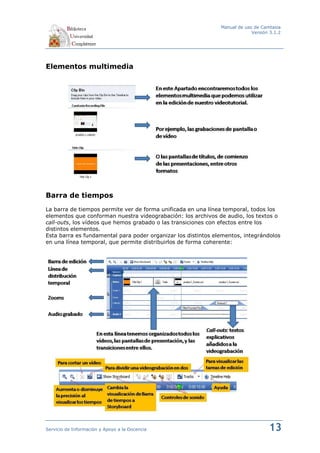 Manual de uso de Camtasia
                                                                            Versión 3.1.2




Elementos multimedia




Barra de tiempos
La barra de tiempos permite ver de forma unificada en una línea temporal, todos los
elementos que conforman nuestra videograbación: los archivos de audio, los textos o
call-outs, los vídeos que hemos grabado o las transiciones con efectos entre los
distintos elementos.
Esta barra es fundamental para poder organizar los distintos elementos, integrándolos
en una línea temporal, que permite distribuirlos de forma coherente:




Servicio de Información y Apoyo a la Docencia                                      13
 