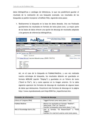 Guía de uso de EndNote Web                                                           10


datos bibliográficas o catálogos de bibliotecas, lo que nos posibilitará guardar el
resultado de la realización de una búsqueda avanzada. Los resultados de las
búsquedas se podrán incorporar a EndNote Web, siguiendo estos pasos:


   1. Realizaremos la búsqueda en la base de datos deseada. Una vez finalizada
       guardaremos los resultados en formato de texto plano (txt). La mayor parte
       de las bases de datos ofrecen una opción de descarga de resultados adaptada
       a los gestores de referencias bibliográficas.




      Así, en el caso de la búsqueda en PubMed/Medline, y una vez realizada
      nuestra estrategia de búsqueda, los resultados deberán ser guardados en
      formato MEDLINE (opción “Display”) y guardados en un fichero de texto
      (“Send to File”), tal y como aparece en la imagen anterior. En la tabla
      siguiente aparecen los formatos de descarga de resultados de algunas bases
      de datos que destacamos. Encontrará más formatos de descarga en la página
      http://www.myendnoteweb.com/help/ENW/hsr_importformat.htm.


 Proveedor de información            Formato de descarga

 Library of Congress OPAC             - Tagged Format como texto plano (*.txt) .

 PubMed/Medline                       - Mostrar los resultados en formato “Medline”.
                                      - Seleccionar “File” en “Send to”.
                                      - Guardar la búsqueda como texto plano (*.txt).
 Web of Knowledge Alerts (ISI)        - Usar el formato “ISI ResearchSoft” o “Field
                                        Tagged”.
                                      - Guardar el e-mail de la alerta como texto plano.
 