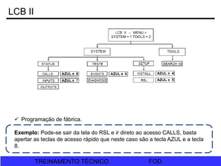 FOD
TREINAMENTO TÉCNICO FOD
TREINAMENTO TÉCNICO
LCB II
 Programação de fábrica.
Exemplo: Pode-se sair da tela do RSL e ir direto ao acesso CALLS, basta
apertar as teclas de acesso rápido que neste caso são a tecla AZUL e a tecla
8.
 