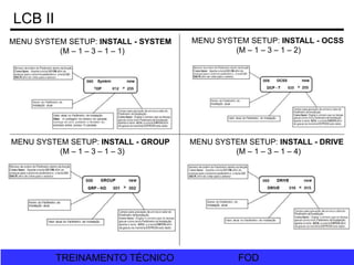 FOD
TREINAMENTO TÉCNICO FOD
TREINAMENTO TÉCNICO
LCB II
MENU SYSTEM SETUP: INSTALL - SYSTEM
(M – 1 – 3 – 1 – 1)
MENU SYSTEM SETUP: INSTALL - DRIVE
(M – 1 – 3 – 1 – 4)
MENU SYSTEM SETUP: INSTALL - GROUP
(M – 1 – 3 – 1 – 3)
MENU SYSTEM SETUP: INSTALL - OCSS
(M – 1 – 3 – 1 – 2)
 