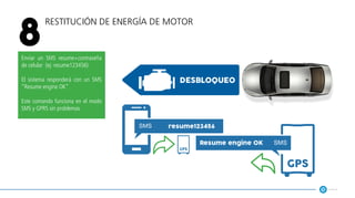 Restitución de energía de motor
8
Enviar un SMS resume+contraseña
de celular (ej: resume123456)
El sistema responderá con un SMS
“Resume engine OK”
Este comando funciona en el modo
SMS y GPRS sin problemas
resume123456
gps
desbloqueo
gps
Resume engine OK
 