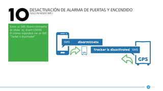 Desactivación de alarma de puertas y encendido
(solo en modo SMS )
10
Enviar un SMS disarm+contraseña
de celular (ej: disarm123456)
El sistema responderá con un SMS
“Tracker is disactivated”
disarm123456
gps
gps
Tracker is disactivated
 