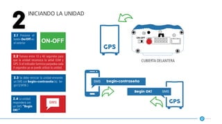 Iniciando la unidad
2
2.1 Presione el
botón On/Off en
el exterior
2.2 Tomara entre 10 y 40 segundos para
que la unidad reconozca la señal GSM y
GPS. Si el indicador lumínico parpadea cada
4 segundos ya se puede utilizar la unidad.
2.3 Se debe reiniciar la unidad enviando
un SMS con begin+contraseña (ej: be-
gin123456 )
2.4 La unidad
responderá con
un SMS “Begin
OK!”
begin+contraseña
gps
gps
Begin OK!
cubierta delantera
 