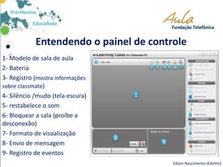 Entendendo o painel de controle
1- Modelo de sala de aula
2- Bateria
3- Registro (mostra informações
sobre classmate)
4- Silêncio /mudo (tela escura)
5- restabelece o som
6- Bloquear a sala (proíbe a
desconexão)
7- Formato de visualização
8- Envio de mensagem
9- Registro de eventos
Edson Nascimento (Edinho)
 