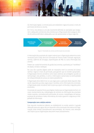 138
da informação digital, o controlo passa por estabelecer regras de acesso e níveis de
permissão de leitura ou escrita.
Em 7.3.5.2, nas alíneas a) a d), são claramente definidas as operações que assegu-
ram o adequado controlo dos documentos que a Organização deve assegurar atra-
vés de práticas definidas e adequadas, que são apresentadas na figura seguinte.
A informação documentada de origem externa que a Organização determina como
necessária para o SGQ, deve ser controlada do mesmo modo. Exemplo: legislação,
normas, cadernos de encargos, especificações de P&S ou outra informação dos
clientes.
Podem ser usadas ferramentas de gestão documental, suportadas por “workflows”
de edição, revisão e validação.
No caso dos suportes digitais pode ser necessário rever os controlos de acesso
(senhas / logins) e níveis de permissão, para garantir que se mantêm apropriados.
A Organização terá de considerar como esses sistemas são protegidos quando as
senhas/logins são perdidos, e como a informação é preservada na eventualidade
da indisponibilidade de acesso ao sistema/plataforma.
A Organização deve determinar as suas regras para a aplicação deste requisito. Não
sendo requerido que estas regras sejam mantidas como informação documentada,
a Organização pode considerar fazê-lo para que sejam conhecidas e seguidas pelos
envolvidos.
A transição de suportes físicos para digitais implica que as Organizações tenham um
maior conhecimento das metodologias de controlo da informação documentada
nestes suportes, nomeadamente permissões de acesso, metodologias de backup,
proteção de servidores e redes informáticas, de modo a garantir a segurança e inte-
gridade da informação.
Comparação com a edição anterior
Este requisito manteve-se idêntico ao estabelecido na versão anterior. A grande
alteração passa por agora não ser requerida a documentação das práticas da Orga-
nização neste âmbito (procedimento documentado). No entanto, esta alteração
não implica que as Organizações descartem esses procedimentos.
Distribuição
e acesso
Armazenagem
e proteção
Controlo
de alterações
Retenção
e disposição
Figura 17: Atividades de controlo da Informação documentada.
 