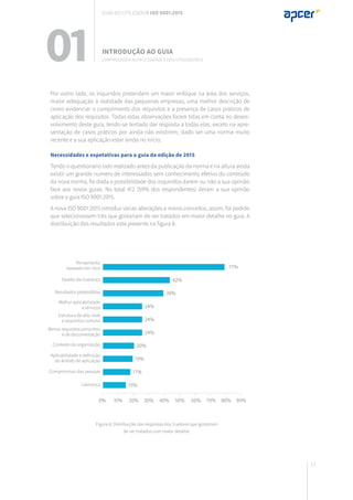 17
Por outro lado, os inquiridos pretendem um maior enfoque na área dos serviços,
maior adequação à realidade das pequenas empresas, uma melhor descrição de
como evidenciar o cumprimento dos requisitos e a presença de casos práticos de
aplicação dos requisitos. Todas estas observações foram tidas em conta no desen-
volvimento deste guia, tendo-se tentado dar resposta a todas elas, exceto na apre-
sentação de casos práticos por ainda não existirem, dado ser uma norma muito
recente e a sua aplicação estar ainda no início.
Necessidades e expetativas para o guia da edição de 2015
Tendo o questionário sido realizado antes da publicação da norma e na altura ainda
existir um grande número de interessados sem conhecimento efetivo do conteúdo
da nova norma, foi dada a possibilidade dos inquiridos darem ou não a sua opinião
face aos novos guias. No total 412 (59% dos respondentes) deram a sua opinião
sobre o guia ISO 9001:2015.
A nova ISO 9001:2015 introduz várias alterações e novos conceitos, assim, foi pedido
que selecionassem três que gostariam de ver tratados em maior detalhe no guia. A
distribuição dos resultados está presente na figura 8.
Compreender as necessidades dos utilizadores
INTRODUÇÃO AO GUIA
01
Guia do utilizador ISO 9001:2015
Figura 8: Distribuição das respostas dos 3 setores que gostariam
de ver tratados com maior detalhe.
Pensamento
baseado em risco
Gestão da mudança
Resultados pretendidos
Melhor aplicabilidade
a serviços
Estrutura de alto nível
e requisitos comuns
Menos requisitos prescritos
e de documentação
Contexto da organização
Aplicabilidade e definição
do âmbito de aplicação
Compromisso das pessoas
Liderança
0% 10% 20% 30% 40% 50% 60% 70% 80% 90%
15%
17%
19%
20%
24%
24%
24%
39%
42%
77%
 