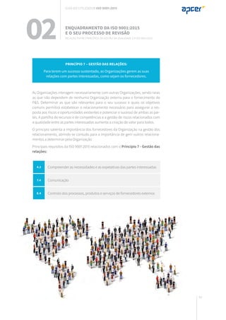 45
02 Enquadramento da ISO 9001:2015
e o seu processo de revisão
Relação entre Princípios da gestão da qualidade e a ISO 9001:2015
As Organizações interagem necessariamente com outras Organizações, sendo raras
as que não dependem de nenhuma Organização externa para o fornecimento de
P&S. Determinar as que são relevantes para o seu sucesso e quais os objetivos
comuns permitirá estabelecer o relacionamento necessário para assegurar a res-
posta aos riscos e oportunidades existentes e potenciar o sucesso de ambas as par-
tes. A partilha de recursos e de competências e a gestão de riscos relacionados com
a qualidade entre as partes interessadas aumenta a criação de valor para todos.
O princípio salienta a importância dos fornecedores da Organização na gestão dos
relacionamento, abrindo-se contudo para a importância de gerir outros relaciona-
mentos a determinar pela Organização
Principais requisitos da ISO 9001:2015 relacionados com o Princípio 7 - Gestão das
relações:
Princípio 7 – Gestão das relações:
Para terem um sucesso sustentado, as Organizações gerem as suas
relações com partes interessadas, como sejam os fornecedores.
4.2 Compreender as necessidades e as expetativas das partes interessadas
7.4 Comunicação
8.4 Controlo dos processos, produtos e serviços de fornecedores externos
Guia do utilizador ISO 9001:2015
 