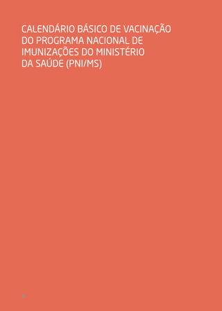 Idades Vacinas Dose
Ao nascer
BCG - ID
Vacina hepatite B (recombinante)
Dose única
Dose única (monovalente)
2 meses
Vacina pentavalente (DTP/Hib/HB)*
Vacina inativada poliomielite**
Vacina oral de rotavírus humano
Vacina pneumocócica 10 (conjugada)
1ª dose
3 meses Vacina meningocócica C (conjugada) 1ª dose
4 meses
Vacina pentavalente (DTP/Hib/HB)*
Vacina inativada poliomielite**
Vacina oral de rotavírus humano
Vacina pneumocócica 10 (conjugada)
2ª dose
5 meses Vacina meningocócica C (conjugada) 2ª dose
6 meses
Vacina pentavalente (DTP/Hib/HB)*
Vacina oral poliomielite**
Vacina pneumocócica 10 (conjugada)
3ª dose
9 meses Vacina febre amarela (atenuada) Dose inicial
12 meses
Vacina tríplice viral (SCR)
Vacina pneumocócica 10 (conjugada)
1ª dose
Reforço
15 meses
Vacina tríplice bacteriana (DTP)
Vacina oral poliomielite**
Vacina meningocócica C (conjugada)
1º reforço
Reforço
4 anos
Vacina tríplice bacteriana (DTP)
Vacina tríplice viral (SCR)
2º reforço
2ª dose
10 anos Vacina febre amarela (atenuada) Uma dose a cada 10 anos
Campanhas nacionais de vacinação para as crianças
Menores de 5
anos
Vacina contra a poliomielite / atualização do esquema vacinal
De 6 meses a
menores de 2
anos
Vacinação contra a Influenza (gripe)
* Substituindo a formulação tetra (DTP / Hib)
** Vacinas poliomielite esquema sequencial (VIP / VOP). Duas primeiras doses com a VIP, terceira dose e reforço com VOP.
BÁSICO
PNI/MS
6
Calendário Básico de Vacinação
do Programa Nacional de
Imunizações do Ministério
da Saúde (PNI/MS)
 