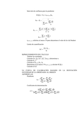 Intervalo de confianza para la pendiente
IC(1) = b1  t0.975,n-2Sb1
 




n
x
x
S
S x
y
b
2
2
1
/
1
2
2 1
/




  
n
y
b
xy
b
y
S
o
x
y
n
x
b
y
b
 


1
0
t0.975, n-2= referirse al anexo 19 para determinar el valor de la t de Student
Limite de cuantificación
1
/
10
b
S
LC
x
y


B)PROCEDIMIENTO DE CÁLCULO
Tabular los resultados
Calcular x, y, x2
, y2
, xy, y determinar n.
Calcular b1, r2
Calcular el Sy/x y Sb’, bo
Determinar en el anexo 19 t0.975, n-2 y calcular IC(1)
Calcular el LC
9.4 CURVA DE CALIBRACIÓN BASADO EN LA DESVIACIÓN
ESTÁNDAR DE LA ORDENADA AL ORIGEN
A)FORMULAS
Pendiente
 
 
  



2
2
1
x
x
n
y
x
xy
n
b
Coeficiente de determinación
    
 
   
     
 
2
2
2
2
2
2











y
y
n
x
x
n
y
x
xy
n
r
 