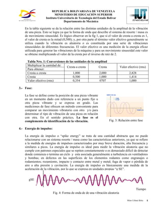 REPUBLICA BOLIVARIANA DE VENEZUELA
                           MINISTERIO DE EDUCACIÓN SUPERIOR
                    Instituto Universitario de Tecnología del Estado Bolívar
                                  Departamento de Mecánica

    En la tabla siguiente se da la relación entre las distintas unidades de la amplitud de la vibración
    de una pieza. Esto se logra ya que la forma de onda que describe el sistema de resorte / masa es
    de movimiento sinusoidal. Es lógico observar en la fig 1, que si el valor de cresta a cresta es 1,
    el valor de cresta es la mitad (0,500); y, por otra parte el término valor efectivo generalmente se
    utiliza cuando la vibración es aleatoria o es constituida por una serie de vibraciones
    sinusoidales de diferentes frecuencias. El valor efectivo es una medición de la energía eficaz
    utilizada para generar las vibraciones de la máquina y para un movimiento sinusoidal este valor
    se obtiene multiplicando el valor de la cresta por el inverso de raíz de 2.

      Tabla Nro. 1: Conversiones de las unidades de la amplitud
      Multiplicar la cantidad de: Cresta a cresta        Cresta                 Valor efectivo (rms)
      Para obtener:
      Cresta a cresta                 1,000              2,000                          2,828
      Cresta                          0,500              1,000                          1,414
      Valor efectivo (rms)            0,354              0707                           1,000

3.- Fase:

    La fase se define como la posición de una pieza vibrante
    en un momento dado con referencia a un punto fijo u
    otra pieza vibrante y se expresa en grado. Las
    mediciones de fase ofrecen un método conveniente para
    comparar un movimiento vibratorio con otro y/o para
    determinar el tipo de vibración de una pieza en relación
    con otra. En el sentido práctico, La fase es el
    complemento de identificación de la vibración.                     Fig. 3: Relación entre fase

4.- Energía de impulso:

    La energía de impulso o “spike energy” se trata de una cantidad abstracta que no puede
    relacionarse con un sistema resorte / masa como las características anteriores, ya que se refiere
    a la medida de energías de impulsos caracterizados por muy breve duración, alta frecuencia y
    similares a picos. La energía de impulso es ideal para medir la vibración aleatoria que no
    cumple con patrones especiales que se repiten constantemente o es demasiado difícil de detectar
    donde comienza o termina un ciclo y esta asociada generalmente a turbulencia en ventiladores
    y bombas; en defectos en las superficies de los elementos rodantes como engranajes o
    rodamientos; rozamiento, impacto y contacto entre metal y metal; fuga de vapor o pérdida de
    aire a alta presión y cavitación. La energía de impulso es básicamente una medida de la
    aceleración de la vibración, por lo que se expresa en unidades propias “g SE”.


       gSE


                                                                                               Tiempo
                          Fig. 4: Forma de onda de de una vibración aleatoria

                                                                                      Mino Urbani Brito   5
 