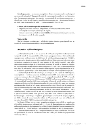 Rubéola




     Período para coleta – as amostras dos espécimes clínicos (urina e secreções nasofaríngeas)
devem ser coletadas até o 5º dia a partir do início do exantema, preferencialmente nos 3 primeiros
dias. Em casos esporádicos, para não se perder a oportunidade deve-se tomar amostras para a
identiﬁcação viral, o período pode ser estendido em consonância com a Secretaria de Vigilância
em Saúde (SVS), do Ministério da Saúde e a Fundação Oswaldo Cruz (Fiocruz).

     Critérios para a coleta de espécimes para identiﬁcação
     • Em presença de surto de rubéola, independente da distância do laboratório central;
     • casos importados, independente do país de origem;
     • em todos os casos com resultado laboratorial IgM positivo ou indeterminado para a rubéola,
       observando o período de coleta adequado.

     Tratamento
     Não há tratamento especíﬁco para a rubéola. Os sinais e sintomas apresentados devem ser
tratados de acordo com a sintomatologia e terapêutica adequada.



     Aspectos epidemiológicos

     A rubéola foi introduzida na lista de doenças de notiﬁcação compulsória no Brasil, somente
na segunda metade da década de 90. Em 1997, ano em que o país enfrentou a última epidemia de
sarampo, foram notiﬁcados cerca de 30.000 casos de rubéola, sendo que, no período 1999/2001,
ocorreram surtos desta doença em vários estados brasileiros. Nesse mesmo período, observou-se
um aumento progressivo no número de casos suspeitos de SRC (de 200 para 600), o que reﬂete
tanto o aumento da circulação do vírus (a taxa de incidência de rubéola na população feminina,
em 2001, chegou a 5/100.000 mulheres na faixa etária de 15 a 19 anos e de 6,3/100.000 mulheres na
faixa etária de 20 a 29 anos), como o incremento de estratégias de vigilância para a detecção de ca-
sos. A vigilância epidemiológica dessas doenças tem se mostrado sensível, oportuna e especíﬁca.
     A implementação do Plano de Erradicação do Sarampo no país, a partir de 1999, impulsio-
nou a vigilância e o controle da rubéola. Em 2002, ocorreram 1.480 casos de rubéola no Brasil, o
que corresponde a um decréscimo de 95%, quando comparado à incidência de 1997. As taxas de
incidência no sexo feminino, em 2002, ﬁcaram em 1/100.000 mulheres tanto na faixa etária de 15 a
19, como de 20 a 29 anos. Em 2003, foram conﬁrmados 563 casos de rubéola entre os 16.036 casos
suspeitos notiﬁcados; em 2004, foram conﬁrmados 401 casos; em 2005, 233 casos, com um surto
de rubéola no Rio Grande do Sul, com 44 casos conﬁrmados e com a identiﬁcação do genótipo 1D,
que circulava na Europa. Em 2006, houve um incremento no número de casos conﬁrmado, pas-
sando para 1.317 casos conﬁrmados e surtos nos estados do Rio de Janeiro, Minas Gerais, Ceará e
São Paulo; o vírus identiﬁcado foi o D4. Em 2007, o número de casos conﬁrmados aumentou para
8.753, um incremento de 81%, sendo que desses, 8.145 (93%) foram conﬁrmados pelo critério la-
boratorial. Após a intensiﬁcação da vigilância epidemiológica e a vacinação de bloqueio ampliada,
em 2008, o número de casos conﬁrmados reduziu em 77%, encerrando o ano com 2.005 casos de
rubéola, e desses 1.854 (92,5%) encerrados pelo critério laboratorial.
     Foi durante 2008 que ocorreu a maior campanha de vacinação contra rubéola no mundo, com
65,9 milhões de pessoas entre a faixa etária de 19 a 39 anos de idade vacinadas, nos estados do Rio
de Janeiro, Minas Gerais, Rio Grande do Norte, Mato Grosso e Maranhão. Nos outros estados, a fai-
xa etária foi de 20 a 39 anos de idade. A cobertura vacinal geral foi de 94,06% da população meta.
     A deﬁnição das faixas etárias para a campanha de vacinação contra a rubéola, em 2008, ocor-
reu após o estudo de coorte de nascidos vivos entre 1927 e 2007, para identiﬁcar a população não
vacinada (Gráﬁco 1).




                                                                              Secretaria de Vigilância em Saúde / MS     3
 
