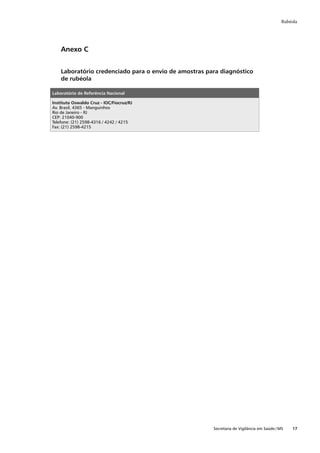 Rubéola




    Anexo C


    Laboratório credenciado para o envio de amostras para diagnóstico
    de rubéola

Laboratório de Referência Nacional

Instituto Oswaldo Cruz - IOC/Fiocruz/RJ
Av. Brasil, 4365 - Manguinhos
Rio de Janeiro - RJ
CEP: 21040-900
Telefone: (21) 2598-4316 / 4242 / 4215
Fax: (21) 2598-4215




                                                       Secretaria de Vigilância em Saúde / MS   17
 