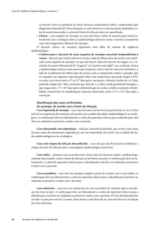 Guia de Vigilância Epidemiológica | Caderno 2




                          ocorrendo surto ou epidemia de outras doenças exantemáticas febris, comprovadas pelo
                          diagnóstico laboratorial. Nessa situação, os casos devem ser criteriosamente analisados, an-
                          tes de serem descartados e a provável fonte de infecção deve ser especiﬁcada.
                        • Clínico – caso suspeito de sarampo em que não houve coleta de amostra para exame la-
                          boratorial, mas a avaliação clínica e epidemiológica detectou sinais e sintomas compatíveis
                          com outro diagnóstico diferente do sarampo.
                        O descarte clínico do sarampo representa uma falha do sistema de vigilância
                   epidemiológica.
                        • Critérios para o descarte de casos suspeitos de sarampo associado temporalmente à
                          vacina – descarte por evento adverso à vacina x data da última dose da vacina: caso notiﬁ-
                          cado como suspeito de sarampo, em que não houve coleta de amostra de sangue; ou o re-
                          sultado do exame laboratorial foi “reagente” ou “positivo para IgM”; ou a avaliação clínica
                          e epidemiológica indicou uma associação temporal, entre a data do início do exantema e a
                          data do recebimento da última dose da vacina, com o componente contra o sarampo, que
                          se enquadra nas seguintes especiﬁcações: febre com temperatura que pode chegar a 39°C
                          ou mais, com início entre o 5° ao 12° dias após a vacinação, e duração média de 1 a 2 dias,
                          podendo chegar até 5 dias; exantema que dura de 1 a 2 dias, sendo geralmente benigno, e
                          que surge entre o 7° e 10° dias após a administração da vacina; cefaléia ocasional, irritabi-
                          lidade, conjuntivite ou manifestações catarrais observadas, entre o 5° e o 12° dias após a
                          vacinação.

                         Classiﬁcação dos casos conﬁrmados
                         de sarampo, de acordo com a fonte de infecção
                        Caso importado de sarampo – caso cuja infecção ocorreu fora do país durante os 14 a 23 dias
                   prévios ao surgimento do exantema, de acordo com a análise dos dados epidemiológicos ou viroló-
                   gicos. A conﬁrmação deve ser laboratorial e a coleta de espécimes clínicos para a identiﬁcação viral
                   deve ser realizada no primeiro contato com o paciente.

                        Caso relacionado com importação – infecção contraída localmente, que ocorre como parte
                   de uma cadeia de transmissão originada por um caso importado, de acordo com a análise dos da-
                   dos epidemiológicos e/ou virológicos.

                        Caso com origem de infecção desconhecida – caso em que não foi possível estabelecer a
                   origem da fonte de infecção após a investigação epidemiológica minuciosa.

                        Caso índice – primeiro caso ocorrido entre vários casos de natureza similar e epidemiologi-
                   camente relacionados, sendo a fonte de infecção no território nacional. A conﬁrmação deve ser la-
                   boratorial e a coleta de espécimes clínicos para a identiﬁcação viral deve ser realizada no primeiro
                   contato com o paciente.

                         Caso secundário – caso novo de sarampo surgido a partir do contato com o caso índice. A
                   conﬁrmação deve ser laboratorial e a coleta de espécimes clínicos para a identiﬁcação viral deve ser
                   realizada no primeiro contato com o paciente.

                        Caso autóctone – caso novo ou contato de um caso secundário de sarampo após a introdu-
                   ção do vírus no país. A conﬁrmação deve ser laboratorial e a coleta de espécimes clínicos para a
                   identiﬁcação viral deve ser realizada no primeiro contato com o paciente. O vírus identiﬁcado deve
                   circular no país por mais de 12 meses, dessa forma o país deixa de ser uma área livre da circulação
                   do vírus autóctone.




26        Secretaria de Vigilância em Saúde / MS
 