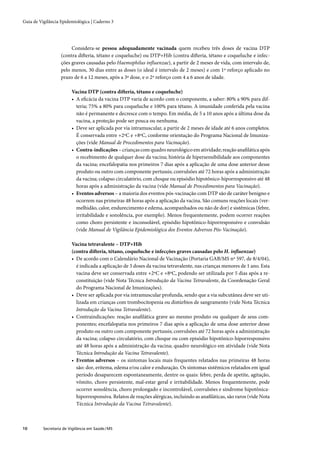 Guia de Vigilância Epidemiológica | Caderno 3




                        Considera-se pessoa adequadamente vacinada quem recebeu três doses de vacina DTP
                   (contra difteria, tétano e coqueluche) ou DTP+Hib (contra difteria, tétano e coqueluche e infec-
                   ções graves causadas pelo Haemophilus inﬂuenzae), a partir de 2 meses de vida, com intervalo de,
                   pelo menos, 30 dias entre as doses (o ideal é intervalo de 2 meses) e com 1º reforço aplicado no
                   prazo de 6 a 12 meses, após a 3ª dose, e o 2º reforço com 4 a 6 anos de idade.

                         Vacina DTP (contra difteria, tétano e coqueluche)
                         • A eﬁcácia da vacina DTP varia de acordo com o componente, a saber: 80% a 90% para dif-
                           teria; 75% a 80% para coqueluche e 100% para tétano. A imunidade conferida pela vacina
                           não é permanente e decresce com o tempo. Em média, de 5 a 10 anos após a última dose da
                           vacina, a proteção pode ser pouca ou nenhuma.
                         • Deve ser aplicada por via intramuscular, a partir de 2 meses de idade até 6 anos completos.
                           É conservada entre +2ºC e +8ºC, conforme orientação do Programa Nacional de Imuniza-
                           ções (vide Manual de Procedimentos para Vacinação).
                         • Contra-indicações – crianças com quadro neurológico em atividade; reação anaﬁlática após
                           o recebimento de qualquer dose da vacina; história de hipersensibilidade aos componentes
                           da vacina; encefalopatia nos primeiros 7 dias após a aplicação de uma dose anterior desse
                           produto ou outro com componente pertussis; convulsões até 72 horas após a administração
                           da vacina; colapso circulatório, com choque ou episódio hipotônico-hiporresponsivo até 48
                           horas após a administração da vacina (vide Manual de Procedimentos para Vacinação).
                         • Eventos adversos – a maioria dos eventos pós-vacinação com DTP são de caráter benigno e
                           ocorrem nas primeiras 48 horas após a aplicação da vacina. São comuns reações locais (ver-
                           melhidão, calor, endurecimento e edema, acompanhados ou não de dor) e sistêmicas (febre,
                           irritabilidade e sonolência, por exemplo). Menos frequentemente, podem ocorrer reações
                           como choro persistente e inconsolável, episódio hipotônico-hiporresponsivo e convulsão
                           (vide Manual de Vigilância Epidemiológica dos Eventos Adversos Pós-Vacinação).

                         Vacina tetravalente – DTP+Hib
                         (contra difteria, tétano, coqueluche e infecções graves causadas pelo H. inﬂuenzae)
                         • De acordo com o Calendário Nacional de Vacinação (Portaria GAB/MS nº 597, de 8/4/04),
                           é indicada a aplicação de 3 doses da vacina tetravalente, nas crianças menores de 1 ano. Esta
                           vacina deve ser conservada entre +2ºC e +8ºC, podendo ser utilizada por 5 dias após a re-
                           constituição (vide Nota Técnica Introdução da Vacina Tetravalente, da Coordenação Geral
                           do Programa Nacional de Imunizações).
                         • Deve ser aplicada por via intramuscular profunda, sendo que a via subcutânea deve ser uti-
                           lizada em crianças com trombocitopenia ou distúrbios de sangramento (vide Nota Técnica
                           Introdução da Vacina Tetravalente).
                         • Contraindicações: reação anaﬁlática grave ao mesmo produto ou qualquer de seus com-
                           ponentes; encefalopatia nos primeiros 7 dias após a aplicação de uma dose anterior desse
                           produto ou outro com componente pertussis; convulsões até 72 horas após a administração
                           da vacina; colapso circulatório, com choque ou com episódio hipotônico-hiporresponsivo
                           até 48 horas após a administração da vacina; quadro neurológico em atividade (vide Nota
                           Técnica Introdução da Vacina Tetravalente).
                         • Eventos adversos – os sintomas locais mais frequentes relatados nas primeiras 48 horas
                           são: dor, eritema, edema e/ou calor e enduração. Os sintomas sistêmicos relatados em igual
                           período desaparecem espontaneamente, dentre os quais: febre, perda de apetite, agitação,
                           vômito, choro persistente, mal-estar geral e irritabilidade. Menos frequentemente, pode
                           ocorrer sonolência, choro prolongado e incontrolável, convulsões e síndrome hipotônica-
                           hiporresponsiva. Relatos de reações alérgicas, incluindo as anaﬁláticas, são raros (vide Nota
                           Técnica Introdução da Vacina Tetravalente).



10        Secretaria de Vigilância em Saúde / MS
 