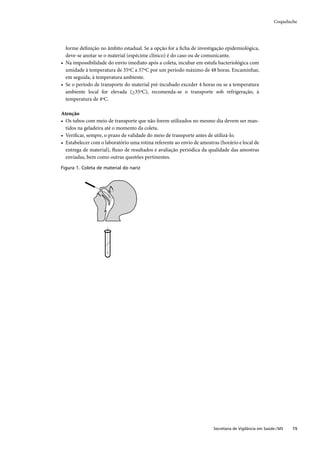 Coqueluche




  forme deﬁnição no âmbito estadual. Se a opção for a ﬁcha de investigação epidemiológica,
  deve-se anotar se o material (espécime clínico) é do caso ou de comunicante.
• Na impossibilidade do envio imediato após a coleta, incubar em estufa bacteriológica com
  umidade à temperatura de 35ºC a 37ºC por um período máximo de 48 horas. Encaminhar,
  em seguida, à temperatura ambiente.
• Se o período de transporte do material pré-incubado exceder 4 horas ou se a temperatura
  ambiente local for elevada (>35ºC), recomenda-se o transporte sob refrigeração, à
  temperatura de 4ºC.

Atenção
• Os tubos com meio de transporte que não forem utilizados no mesmo dia devem ser man-
  tidos na geladeira até o momento da coleta.
• Veriﬁcar, sempre, o prazo de validade do meio de transporte antes de utilizá-lo.
• Estabelecer com o laboratório uma rotina referente ao envio de amostras (horário e local de
  entrega de material), ﬂuxo de resultados e avaliação periódica da qualidade das amostras
  enviadas, bem como outras questões pertinentes.
Figura 1. Coleta de material do nariz




                                                                       Secretaria de Vigilância em Saúde / MS   15
 
