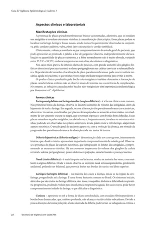 Guia de Vigilância Epidemiológica | Caderno 3




                         Aspectos clínicos e laboratoriais

                         Manifestações clínicas
                         A presença de placas pseudomembranosas branco-acinzentadas, aderentes, que se instalam
                   nas amígdalas e invadem estruturas vizinhas, é a manifestação clínica típica. Essas placas podem se
                   localizar na faringe, laringe e fossas nasais, sendo menos frequentemente observadas na conjunti-
                   va, pele, conduto auditivo, vulva, pênis (pós-circuncisão) e cordão umbilical.
                         Clinicamente, a doença manifesta-se por comprometimento do estado geral do paciente, que
                   pode apresentar-se prostrado e pálido; a dor de garganta é discreta, independentemente da loca-
                   lização ou quantidade de placas existentes, e a febre normalmente não é muito elevada, variando
                   entre 37,5ºC a 38,5°C, embora temperaturas mais altas não afastem o diagnóstico.
                         Nos casos mais graves, há intenso edema do pescoço, com grande aumento dos gânglios lin-
                   fáticos dessa área (pescoço taurino) e edema periganglionar nas cadeias cervicais e submandibula-
                   res. Dependendo do tamanho e localização da placa pseudomembranosa, pode ocorrer asﬁxia me-
                   cânica aguda no paciente, o que muitas vezes exige imediata traqueostomia para evitar a morte.
                         O quadro clínico produzido pelo bacilo não-toxigênico também determina a formação de
                   placas características, embora não se observe sinais de toxemia ou a ocorrência de complicações.
                   No entanto, as infecções causadas pelos bacilos não-toxigênicos têm importância epidemiológica
                   por disseminar o C. diphtheriae.

                         Formas clínicas
                        Faringoamigdaliana ou faringotonsilar (angina diftérica) – é a forma clínica mais comum.
                   Nas primeiras horas da doença, observa-se discreto aumento de volume das amígdalas, além da
                   hiperemia de toda a faringe. Em seguida, ocorre a formação das pseudomembranas características,
                   aderentes e invasivas, constituídas por placas esbranquiçadas ou amarelo-acinzentadas, eventual-
                   mente de cor cinzento-escura ou negra, que se tornam espessas e com bordas bem deﬁnidas. Essas
                   placas estendem-se pelas amígdalas, recobrindo-as, e, frequentemente, invadem as estruturas vizi-
                   nhas, podendo ser observadas nos pilares anteriores, úvula, palato mole e retrofaringe, adquirindo
                   aspecto necrótico. O estado geral do paciente agrava-se, com a evolução da doença, em virtude da
                   progressão das pseudomembranas e da absorção cada vez maior de toxina.

                        Difteria hipertóxica (difteria maligna) – denominação dada aos casos graves, intensamente
                   tóxicos, que, desde o início, apresentam importante comprometimento do estado geral. Observa-
                   se a presença de placas de aspecto necrótico, que ultrapassam os limites das amígdalas, compro-
                   metendo as estruturas vizinhas. Há um aumento importante do volume dos gânglios da cadeia
                   cervical e edema periganglionar, pouco doloroso à palpação, caracterizando o pescoço taurino.

                        Nasal (rinite diftérica) – é mais freqente em lactentes, sendo, na maioria das vezes, concomi-
                   tante à angina diftérica. Desde o início observa-se secreção nasal serossanguinolenta, geralmente
                   unilateral, podendo ser bilateral, que provoca lesões nas bordas do nariz e no lábio superior.

                        Laríngea (laringite diftérica) – na maioria dos casos a doença, inicia-se na região da oro-
                   faringe, progredindo até a laringe. É uma forma bastante comum no Brasil. Os sintomas iniciais,
                   além dos que são vistos na faringe diftérica, são: tosse, rouquidão, disfonia e diﬁculdade respirató-
                   ria progressiva, podendo evoluir para insuﬁciência respiratória aguda. Em casos raros, pode haver
                   comprometimento isolado da laringe, o que diﬁculta o diagnóstico.

                       Cutânea – apresenta-se sob a forma de úlcera arredondada, com exsudato ﬁbrinopurulento e
                   bordas bem demarcadas, que, embora profunda, não alcança o tecido celular subcutâneo. Devido a
                   pouca absorção da toxina pela pele, a lesão ulcerada de difteria pode tornar-se subaguda ou crônica e



22        Secretaria de Vigilância em Saúde / MS
 