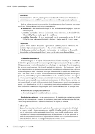 Guia de Vigilância Epidemiológica | Caderno 3




                       Importante
                       Mesmo ante o risco indicado por uma prova de sensibilidade positiva, não se deve hesitar na
                       administração do soro antidiftérico, considerando-se as medidas de precaução explicadas.

                       Pode-se utilizar eritromicina ou penicilina G cristalina ou penicilina G procaína, com a mes-
                   ma eﬁcácia, durante 14 dias, conforme orientação a seguir:
                       • eritromicina – deve ser administrada por via oral, na dose de 40 a 50mg/kg/dia (dose má-
                         xima de 2g/dia);
                       • penicilina G cristalina – deve ser administrada por via endovenosa, na dose de 100 mil a
                         150 mil U.I./kg/dia, em frações iguais de 6 em 6 horas;
                       • penicilina G procaína – deve ser administrada por via intramuscular, na dose de 50 mil
                         U.I./kg/dia (dose máxima de 1.200.000U.I./dia), em 2 frações iguais de 12 em 12 horas.

                       Observação
                       Quando houver melhora do quadro, a penicilina G cristalina pode ser substituída pela
                       penicilina G procaína para completar os 14 dias de tempo total de tratamento.
                       A clindamicina constitui boa alternativa à eritromicina e às penicilinas, na dose de 20 a
                       40mg/kg/dia, em frações iguais de 8 em 8 horas, por via endovenosa, durante 14 dias.



                         Tratamento sintomático
                         O tratamento geral ou de suporte consiste em repouso no leito, manutenção do equilíbrio hi-
                   dreletrolítico (gotejamento endovenoso de soro glicoﬁsiológico, com acréscimo de glicose a 25% ou
                   50% para aumentar a oferta calórica), dieta leve, nebulização ou vaporização. Proceder a aspiração
                   das secreções com frequência. Não havendo aceitação dos alimentos e dos líquidos por via oral,
                   deve-se administrá-los por sonda nasogástrica. Estudos realizados no Brasil apontam que a carnitina
                   exerce efeito protetor sobre o miocárdio, desde que sua administração seja iniciada antes de decor-
                   ridos 5 dias desde o início da doença. A dose recomendada é de 100mg/kg/dia (máximo de 3g/dia),
                   por via oral, em 2 ou 3 frações iguais, de 12 em 12 horas ou de 8 em 8 horas, durante 4 dias. Segundo
                   os estudos, a carnitina propicia redução da incidência de miocardite e redução da morbimortalida-
                   de, estando seu uso indicado como coadjuvante no tratamento da difteria. Como a carnitina não
                   está comercializada no Brasil, médicos com experiência clínica com o seu uso orientam o preparo do
                   xarope a 10%, dissolvendo-se 100g de DL-carnitina em 100ml de água destilada quente e completan-
                   do-se o volume de 1.000ml com xarope simples. Nessa fórmula, há 500mg/5ml do princípio ativo.

                         Tratamento das complicações diftéricas
                         A observação do paciente com difteria deve ser contínua.

                        Insuﬁciência respiratória – o agravamento precoce da insuﬁciência respiratória constitui
                   indicação de traqueostomia. A paralisia da musculatura respiratória (diafragma e músculos inter-
                   costais) exige, eventualmente, a instalação de aparelhos de respiração assistida.

                       Observação
                       Quando houver comprometimento respiratório alto, nos casos leves e moderados de laringi-
                       te, pode ser tentada a dexametasona em dose inicial de 0,6mg/kg, seguida por 0,4mg/kg/dia,
                       por via endovenosa, em frações iguais de 6 em 6 horas, como medida antiedematosa; porém,
                       caso o paciente continue com sinais progressivos de obstrução alta ou se já se apresentar ao
                       médico com quadro de insuﬁciência respiratória alta estabelecida, a traqueostomia deve ser
                       feita sem demora, evitando-se que o paciente apresente hipóxia severa.




26        Secretaria de Vigilância em Saúde / MS
 