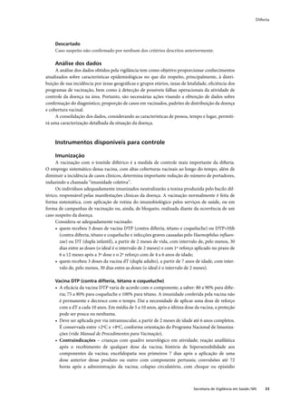 Difteria




     Descartado
     Caso suspeito não conﬁrmado por nenhum dos critérios descritos anteriormente.

     Análise dos dados
     A análise dos dados obtidos pela vigilância tem como objetivo proporcionar conhecimentos
atualizados sobre características epidemiológicas no que diz respeito, principalmente, à distri-
buição de sua incidência por áreas geográﬁcas e grupos etários, taxas de letalidade, eﬁciência dos
programas de vacinação, bem como à detecção de possíveis falhas operacionais da atividade de
controle da doença na área. Portanto, são necessárias ações visando a obtenção de dados sobre
conﬁrmação do diagnóstico, proporção de casos em vacinados, padrões de distribuição da doença
e cobertura vacinal.
     A consolidação dos dados, considerando as características de pessoa, tempo e lugar, permiti-
rá uma caracterização detalhada da situação da doença.



     Instrumentos disponíveis para controle

     Imunização
     A vacinação com o toxóide diftérico é a medida de controle mais importante da difteria.
O emprego sistemático dessa vacina, com altas coberturas vacinais ao longo do tempo, além de
diminuir a incidência de casos clínicos, determina importante redução do número de portadores,
induzindo a chamada “imunidade coletiva”.
     Os indivíduos adequadamente imunizados neutralizarão a toxina produzida pelo bacilo dif-
térico, responsável pelas manifestações clínicas da doença. A vacinação normalmente é feita de
forma sistemática, com aplicação de rotina do imunobiológico pelos serviços de saúde, ou em
forma de campanhas de vacinação ou, ainda, de bloqueio, realizada diante da ocorrência de um
caso suspeito da doença.
     Considera-se adequadamente vacinado:
     • quem recebeu 3 doses de vacina DTP (contra difteria, tétano e coqueluche) ou DTP+Hib
        (contra difteria, tétano e coqueluche e infecções graves causadas pelo Haemophilus inﬂuen-
        zae) ou DT (dupla infantil), a partir de 2 meses de vida, com intervalo de, pelo menos, 30
        dias entre as doses (o ideal é o intervalo de 2 meses) e com 1º reforço aplicado no prazo de
        6 a 12 meses após a 3ª dose e o 2º reforço com de 4 a 6 anos de idade;
     • quem recebeu 3 doses da vacina dT (dupla adulto), a partir de 7 anos de idade, com inter-
        valo de, pelo menos, 30 dias entre as doses (o ideal é o intervalo de 2 meses).

     Vacina DTP (contra difteria, tétano e coqueluche)
     • A eﬁcácia da vacina DTP varia de acordo com o componente, a saber: 80 a 90% para difte-
       ria; 75 a 80% para coqueluche e 100% para tétano. A imunidade conferida pela vacina não
       é permanente e decresce com o tempo. Daí a necessidade de aplicar uma dose de reforço
       com a dT a cada 10 anos. Em média de 5 a 10 anos, após a última dose da vacina, a proteção
       pode ser pouca ou nenhuma.
     • Deve ser aplicada por via intramuscular, a partir de 2 meses de idade até 6 anos completos.
       É conservada entre +2ºC e +8ºC, conforme orientação do Programa Nacional de Imuniza-
       ções (vide Manual de Procedimentos para Vacinação).
     • Contraindicações – crianças com quadro neurológico em atividade; reação anaﬁlática
       após o recebimento de qualquer dose da vacina; história de hipersensibilidade aos
       componentes da vacina; encefalopatia nos primeiros 7 dias após a aplicação de uma
       dose anterior desse produto ou outro com componente pertussis; convulsões até 72
       horas após a administração da vacina; colapso circulatório, com choque ou episódio



                                                                              Secretaria de Vigilância em Saúde / MS    33
 