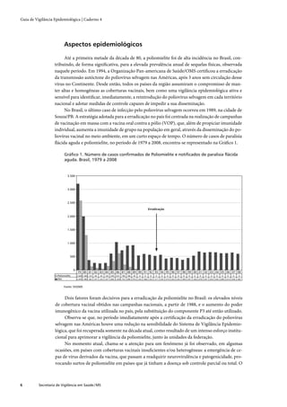 Guia de Vigilância Epidemiológica | Caderno 4




                           Aspectos epidemiológicos

                         Até a primeira metade da década de 80, a poliomielite foi de alta incidência no Brasil, con-
                   tribuindo, de forma signiﬁcativa, para a elevada prevalência anual de sequelas físicas, observada
                   naquele período. Em 1994, a Organização Pan-americana de Saúde/OMS certiﬁcou a erradicação
                   da transmissão autóctone do poliovírus selvagem nas Américas, após 3 anos sem circulação desse
                   vírus no Continente. Desde então, todos os países da região assumiram o compromisso de man-
                   ter altas e homogêneas as coberturas vacinais, bem como uma vigilância epidemiológica ativa e
                   sensível para identiﬁcar, imediatamente, a reintrodução do poliovírus selvagem em cada território
                   nacional e adotar medidas de controle capazes de impedir a sua disseminação.
                         No Brasil, o último caso de infecção pelo poliovírus selvagem ocorreu em 1989, na cidade de
                   Souza/PB. A estratégia adotada para a erradicação no país foi centrada na realização de campanhas
                   de vacinação em massa com a vacina oral contra a pólio (VOP), que, além de propiciar imunidade
                   individual, aumenta a imunidade de grupo na população em geral, através da disseminação do po-
                   liovírus vacinal no meio ambiente, em um curto espaço de tempo. O número de casos de paralisia
                   ﬂácida aguda e poliomielite, no período de 1979 a 2008, encontra-se representado na Gráﬁco 1.

                           Gráﬁco 1. Número de casos conﬁrmados de Poliomielite e notiﬁcados de paralisia ﬂácida
                           aguda. Brasil, 1979 a 2008


                              3.500



                              3.000



                              2.500

                                                                                                                      Erradicação

                              2.000



                              1.500



                              1.000



                                500



                                    0
                                        79 80 81 82 83 84 85 86 87 88 89 90 91 92 93 94 95 96 97 98 99 00 01 02 03 04 05 06 07 08
                     Poliomielite       2.569 1.260 122   69    45    142   329   612   196   106   35    0     0      0    0     0     0     0     0     0     0     0     0     0     0     0     0     0     0      0
                     PFA                3.205 1.985 362   257   233   257   600 1.029 724     896   916   535   588   552   517   554   419   453   432   369   437   528   678   637   654   642   609   614   636   585



                          Fonte: SVS/MS



                         Dois fatores foram decisivos para a erradicação da poliomielite no Brasil: os elevados níveis
                    de cobertura vacinal obtidos nas campanhas nacionais, a partir de 1988, e o aumento do poder
                    imunogênico da vacina utilizada no país, pela substituição do componente P3 até então utilizado.
                         Observa-se que, no período imediatamente após a certiﬁcação da erradicação do poliovírus
                    selvagem nas Américas houve uma redução na sensibilidade do Sistema de Vigilância Epidemio-
                    lógica, que foi recuperada somente na década atual, como resultado de um intenso esforço institu-
                    cional para aprimorar a vigilância da poliomielite, junto às unidades da federação.
                         No momento atual, chama-se a atenção para um fenômeno já foi observado, em algumas
                    ocasiões, em países com coberturas vacinais insuﬁcientes e/ou heterogêneas: a emergência de ce-
                    pas de vírus derivados da vacina, que passam a readquirir neurovirulência e patogenicidade, pro-
                    vocando surtos de poliomielite em países que já tinham a doença sob controle parcial ou total. O



6         Secretaria de Vigilância em Saúde / MS
 