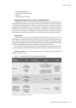 Tétano Acidental




       •   úlcera péptica perfurada;
       •   outras causas de abdome agudo;
       •   epilepsia;
       •   outras causas de convulsões.

       Diagnóstico laboratorial e exames complementares
     O diagnóstico do tétano é eminentemente clínico-epidemiológico, não dependendo de con-
ﬁrmação laboratorial. O laboratório auxilia no controle das complicações e tratamento do pacien-
te. O hemograma habitualmente é normal, exceto quando há infecção secundária associada. As
transaminases e ureia podem elevar-se nas formas graves. A gasometria e a dosagem de eletrólitos
são importantes nos casos de insuﬁciência respiratória. As radiograﬁas de tórax e da coluna ver-
tebral devem ser realizadas para o diagnóstico de infecções pulmonares e fraturas de vértebras.
Hemoculturas, culturas de secreções e de urina são indicadas nos casos de infecção secundária.

       Tratamento
      O doente deve ser internado em unidade assistencial apropriada, com mínimo de ruído, de
luminosidade, com temperatura estável e agradável. Casos graves têm indicação de terapia inten-
siva, onde existe suporte técnico necessário para manejo de complicações e consequente redução
das sequelas e da letalidade. São de fundamental importância os cuidados dispensados pela equipe
médica e de enfermagem experientes no atendimento a esse tipo de enfermidade.
      Os princípios básicos do tratamento do tétano são: sedação do paciente; neutralização da toxi-
na tetânica; erradicação do paciente; debridamento do foco infeccioso e medidas gerais de suporte.

    Sedação do paciente – recomenda-se a administração de benzodiazepínicos e miorrelaxantes
(Quadro 1). Checar as doses.

       Quadro 1. Recomendação para uso sedativos/miorrelaxantesa

  Sedativos/                                                  Via de
                                      Doses                                          Esquema                    Duração
  miorrelaxantes                                           administração


                                                                                   12/12 horas
                                    Adultos                                Em adultos, se necessário, essa
                                                                           dose poderá ser repetida até 4     Até controlar
                                0,1 a 0,2mg/ Kg/
                                                                                vezes, em 24 horas           as contraturas.
                                dose (até 20mg)a
                                                                                                             Atenção quanto
  Diazepam                                                      EV
                                                                                                               ao risco de
                                    Crianças                                 Em crianças, não exceder           depressão
                                  0,1 a 0,2mg/                             0,25mg/Kg/dose, que poderá          respiratória
                                    Kg/dose                                ser repetida até 3 vezes, com
                                                                           intervalo de 15 a 30 minutos


                                    Adultos
                              0,07 a 0,1mg/Kg/dia
  Midazolan
                                                                                                             Usar em bomba
  (em substituição ao                                           IM
                                    Crianças                                      1 hora ou mais               de infusão
  Diazepam)
                                 0,15 a 0,20mg/
                                     Kg/dia



                                    Adultos
  Clorpromazina                25mg a 50mg/Kg/
  (indicada quando              dia (até 1g/dia)                                                              Até controlar
  não houver                                                    EV              8/8 ou até 6/6horas            as crises de
  resposta satisfatória       Crianças acima de                                                                contraturas
  com o Diazepan)                  6 meses
                                0,55mg/Kg/dia


a) A posologia deve ser individualizada e a critério médico.




                                                                                                      Secretaria de Vigilância em Saúde / MS   19
 