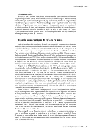 Varicela / Herpes Zoster




     Herpes zoster e aids
     A partir de 1981, o herpes zoster passou a ser reconhecido como uma infecção frequente
em pacientes portadores de HIV. Posteriormente, observações epidemiológicas demonstraram ser
uma manifestação inicial de infecção pelo HIV, cuja ocorrência é preditiva de soropositividade
para HIV, em populações de risco. A incidência de herpes zoster é signiﬁcativamente maior entre
indivíduos HIV positivos que entre os soro negativos (15 vezes mais frequente nos primeiros). A
incidência cumulativa de zoster por 12 anos após a infecção pelo HIV foi de 30%, taxa relativamen-
te constante, podendo caracterizar manifestação precoce ou tardia da infecção pelo HIV. Compli-
cações, como retinite, necrose aguda de retina e encefalite progressiva fatal, têm sido relatadas com
mais frequência em pacientes HIV positivos.



     Situação epidemiológica da varicela no Brasil

      No Brasil, a varicela não é uma doença de notiﬁcação compulsória, embora os surtos devam ser
notiﬁcados às secretarias municipais e estaduais de saúde. Estudo realizado no país, em 1997, avaliou
a prevalência da infecção pelo vírus varicela zoster em 975 amostras de soro de adultos jovens de 20
a 29 anos, doadores de sangue de cinco capitais brasileiras: Fortaleza, Salvador, São Paulo, Curitiba e
Porto Alegre. A soroprevalência global de anticorpos anti-varicela zoster foi de 94%, e a soropreva-
lência nas regiões de clima tropical (Fortaleza e Salvador, 89%) foi signiﬁcativamente menor que nas
regiões de clima temperado (97%). Outro estudo, conduzido de 1992 a 1994, em escolas públicas do
município de São Paulo, indica que o contato com o vírus varicela zoster ocorre nos primeiros anos
da infância. Cerca 40% das crianças com 1 ano apresentaram anticorpos anti-varicela zoster; essa
proporção aumentou rapidamente até o 3º ano, manteve-se ascendente e alcançou 90% aos 10 anos.
      No período de 1998 a 2007, foram registradas no SIH-SUS 36.623 internações por varicela,
com uma média anual de 3.662,3 casos (desvio padrão = 2.102,9). De acordo com o Gráﬁco 1, o
número de internações variou de 1.488 (em 2000) a 7.791(em 2003), enquanto que, para o núme-
ro de óbitos, essa variação foi de 8 (em 2002) a 44 (em 2006). Já a variação máxima e mínima da
letalidade foi de 0,34% (em 2002) a 1,28% (em 2000). O maior número de hospitalizações concen-
tra-se na faixa etária de 1 a 4 anos, seguido dos <1ano e de 5 a 9 anos (Gráﬁco 2). Embora o maior
número absoluto de hospitalizações seja observado entre crianças, grupo em que se espera o maior
número de casos da doença, proporcionalmente, os adultos, apresenta maior risco de evoluir com
complicações, hospitalização e óbito, como mostrado na Figura 2. A taxa de letalidade entre os
casos hospitalizados aumenta com a idade, chegando a 4,6% na faixa etária de 50 anos ou mais e
2,6% na faixa etária de 15 a 49 anos (Graﬁco 2).
      A SVS/MS solicita a notiﬁcação de casos agregados de varicela (surtos) e a notiﬁcação e inves-
tigação de casos graves e óbitos. A primeira tem como objetivo conhecer os padrões de ocorrência
da doença (sazonalidade e distribuição por faixa etária) e detectar surtos em sua fase inicial. A se-
gunda visa monitorar a intensidade da circulação viral e fatores associados à gravidade e óbito, que
possam inclusive reorientar as recomendações de vacinação. O número de casos notiﬁcados de va-
ricela registrado no Sinan NET aponta 154.778 notiﬁcações, no ano de 2007, e 25.594 notiﬁcações,
em 2008. A faixa etária com maior número de notiﬁcações foi de 1 a 4 anos, representando 40%
dos casos, em 2007, e 39% dos casos, em 2008. Entre as unidades federadas que mais notiﬁcaram
casos em 2007, encontra-se Minas Gerais, com 27% dos casos notiﬁcados, e, em 2008, Rio Grande
do Sul, com 23% dos casos notiﬁcados.
      Esta virose pode ocorrer durante o ano todo, porém observa-se um aumento do número de
casos no período que se estende do ﬁm do inverno até a primavera (agosto a novembro). Apesar
de acometer as mais variadas faixas etárias, estudos de soroprevalência da varicela realizados, no
Brasil e no município de São Paulo, apontam que, até os 5 anos de idade, cerca de 50% das crianças
ainda não tiveram esta doença.



                                                                                Secretaria de Vigilância em Saúde / MS   41
 