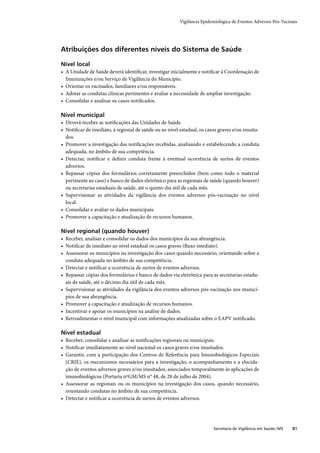 Vigilância Epidemiológica de Eventos Adversos Pós-Vacinais




Atribuições dos diferentes níveis do Sistema de Saúde

Nível local
• A Unidade de Saúde deverá identiﬁcar, investigar inicialmente e notiﬁcar à Coordenação de
  Imunizações e/ou Serviço de Vigilância do Município.
• Orientar os vacinados, familiares e/ou responsáveis.
• Adotar as condutas clínicas pertinentes e avaliar a necessidade de ampliar investigação.
• Consolidar e analisar os casos notiﬁcados.

Nível municipal
• Deverá receber as notiﬁcações das Unidades de Saúde.
• Notiﬁcar de imediato, à regional de saúde ou ao nível estadual, os casos graves e/ou inusita-
  dos.
• Promover a investigação das notiﬁcações recebidas, analisando e estabelecendo a conduta
  adequada, no âmbito de sua competência.
• Detectar, notiﬁcar e deﬁnir conduta frente à eventual ocorrência de surtos de eventos
  adversos.
• Repassar cópias dos formulários corretamente preenchidos (bem como todo o material
  pertinente ao caso) e banco de dados eletrônico para as regionais de saúde (quando houver)
  ou secretarias estaduais de saúde, até o quinto dia útil de cada mês.
• Supervisionar as atividades da vigilância dos eventos adversos pós-vacinação no nível
  local.
• Consolidar e avaliar os dados municipais.
• Promover a capacitação e atualização de recursos humanos.

Nível regional (quando houver)
• Receber, analisar e consolidar os dados dos municípios da sua abrangência.
• Notiﬁcar de imediato ao nível estadual os casos graves (ﬂuxo imediato).
• Assessorar os municípios na investigação dos casos quando necessário, orientando sobre a
  conduta adequada no âmbito de sua competência.
• Detectar e notiﬁcar a ocorrência de surtos de eventos adversos.
• Repassar cópias dos formulários e banco de dados via eletrônica para as secretarias estadu-
  ais de saúde, até o décimo dia útil de cada mês.
• Supervisionar as atividades da vigilância dos eventos adversos pós-vacinação nos municí-
  pios de sua abrangência.
• Promover a capacitação e atualização de recursos humanos.
• Incentivar e apoiar os municípios na análise de dados.
• Retroalimentar o nível municipal com informações atualizadas sobre o EAPV notiﬁcado.

Nível estadual
• Receber, consolidar e analisar as notiﬁcações regionais ou municipais.
• Notiﬁcar imediatamente ao nível nacional os casos graves e/ou inusitados.
• Garantir, com a participação dos Centros de Referência para Imunobiológicos Especiais
  (CRIE), os mecanismos necessários para a investigação, o acompanhamento e a elucida-
  ção de eventos adversos graves e/ou inusitados, associados temporalmente às aplicações de
  imunobiológicos (Portaria nºGM/MS n° 48, de 28 de julho de 2004).
• Assessorar as regionais ou os municípios na investigação dos casos, quando necessário,
  orientando condutas no âmbito de sua competência.
• Detectar e notiﬁcar a ocorrência de surtos de eventos adversos.




                                                                         Secretaria de Vigilância em Saúde / MS   81
 