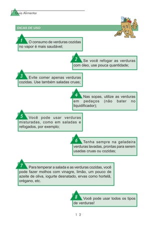Guia Alimentar
1 2
O consumo de verduras cozidas
no vapor é mais saudável;
Se você refogar as verduras
com óleo, use pouca quantidade;
Nas sopas, utilize as verduras
em pedaços (não bater no
liquidificador);
Você pode usar verduras
misturadas, como em saladas e
refogados, por exemplo;
Evite comer apenas verduras
cozidas. Use também saladas cruas;
Tenha sempre na geladeira
verduras lavadas, prontas para serem
usadas cruas ou cozidas;
Para temperar a salada e as verduras cozidas, você
pode fazer molhos com vinagre, limão, um pouco de
azeite de oliva, iogurte desnatado, ervas como hortelã,
orégano, etc.
Você pode usar todos os tipos
de verduras!
1
2
3
4
5
6
7
8
 