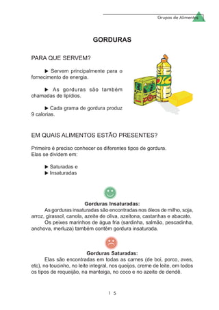 Grupos de Alimentos
1 5
EM QUAIS ALIMENTOS ESTÃO PRESENTES?
Primeiro é preciso conhecer os diferentes tipos de gordura.
Elas se dividem em:
Saturadas e
Insaturadas
Gorduras Insaturadas:
As gorduras insaturadas são encontradas nos óleos de milho, soja,
arroz, girassol, canola, azeite de oliva, azeitona, castanhas e abacate.
Os peixes marinhos de água fria (sardinha, salmão, pescadinha,
anchova, merluza) também contêm gordura insaturada.
Gorduras Saturadas:
Elas são encontradas em todas as carnes (de boi, porco, aves,
etc), no toucinho, no leite integral, nos queijos, creme de leite, em todos
os tipos de requeijão, na manteiga, no coco e no azeite de dendê.
PARA QUE SERVEM?
Servem principalmente para o
fornecimento de energia.
As gorduras são também
chamadas de lipídios.
Cada grama de gordura produz
9 calorias.
GORDURAS
 