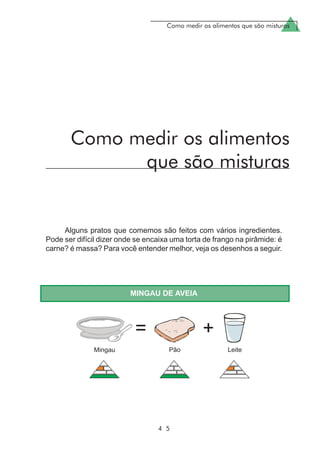 Como medir os alimentos que são misturas
4 5
Alguns pratos que comemos são feitos com vários ingredientes.
Pode ser difícil dizer onde se encaixa uma torta de frango na pirâmide: é
carne? é massa? Para você entender melhor, veja os desenhos a seguir.
MINGAU DE AVEIA
Como medir os alimentos
que são misturas
 