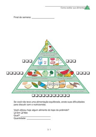 Como avaliar sua alimentação
5 1
Se você não teve uma alimentação equilibrada, anote suas dificuldades
para discutir com o nutricionista.
Final de semana: __________________
Você utilizou hoje algum alimento do topo da pirâmide?
Sim Não
Qual? ________________________
Quantidade: ___________________
 