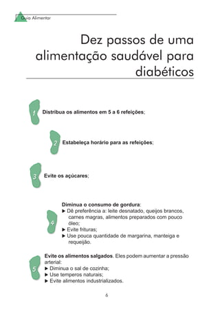 Guia Alimentar
6
Dez passos de uma
alimentação saudável para
diabéticos
Distribua os alimentos em 5 a 6 refeições;
Estabeleça horário para as refeições;
Evite os açúcares;
Diminua o consumo de gordura:
Dê preferência a: leite desnatado, queijos brancos,
carnes magras, alimentos preparados com pouco
óleo;
Evite frituras;
Use pouca quantidade de margarina, manteiga e
requeijão.
Evite os alimentos salgados. Eles podem aumentar a pressão
arterial:
Diminua o sal de cozinha;
Use temperos naturais;
Evite alimentos industrializados.
 