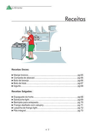 Guia Alimentar
6 2
Receitas
Receitas Doces:
Manjar branco.............................................................................. pg 65
Compota de abacaxi................................................................... pg 66
Bolo de laranja............................................................................. pg 66
Bolo de fubá................................................................................. pg 67
Iogurte.......................................................................................... pg 68
Receitas Salgadas:
Espaguete da horta..................................................................... pg 68
Sanduiche light............................................................................ pg 69
Berinjela para antepasto............................................................. pg 70
Frango desfiado com catupiry..................................................... pg 71
Lasanha de frango light............................................................... pg 72
Pão integral.................................................................................. pg 73
 