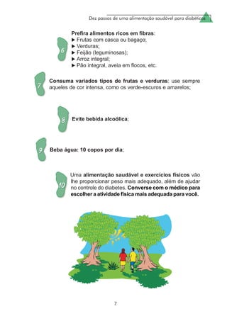 Dez passos de uma alimentação saudável para diabéticos
7
Prefira alimentos ricos em fibras:
Frutas com casca ou bagaço;
Verduras;
Feijão (leguminosas);
Arroz integral;
Pão integral, aveia em flocos, etc.
Consuma variados tipos de frutas e verduras: use sempre
aqueles de cor intensa, como os verde-escuros e amarelos;
Evite bebida alcoólica;
Beba água: 10 copos por dia;
Uma alimentação saudável e exercícios físicos vão
lhe proporcionar peso mais adequado, além de ajudar
no controle do diabetes. Converse com o médico para
escolher a atividade física mais adequada para você.
 