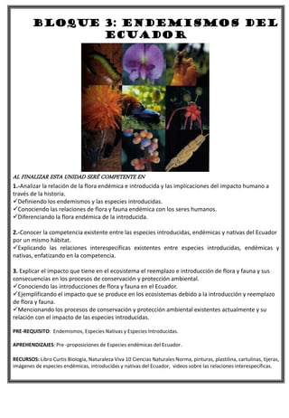 BLOQUE 3: endemismos del
ecuador
AL FINALIZAR ESTA UNIDAD SERÉ COMPETENTE EN
1.-Analizar la relación de la flora endémica e introducida y las implicaciones del impacto humano a
través de la historia.
Definiendo los endemismos y las especies introducidas.
Conociendo las relaciones de flora y fauna endémica con los seres humanos.
Diferenciando la flora endémica de la introducida.
2.-Conocer la competencia existente entre las especies introducidas, endémicas y nativas del Ecuador
por un mismo hábitat.
Explicando las relaciones interespecíficas existentes entre especies introducidas, endémicas y
nativas, enfatizando en la competencia.
3. Explicar el impacto que tiene en el ecosistema el reemplazo e introducción de flora y fauna y sus
consecuencias en los procesos de conservación y protección ambiental.
Conociendo las introducciones de flora y fauna en el Ecuador.
Ejemplificando el impacto que se produce en los ecosistemas debido a la introducción y reemplazo
de flora y fauna.
Mencionando los procesos de conservación y protección ambiental existentes actualmente y su
relación con el impacto de las especies introducidas.
PRE-REQUISITO: Endemismos, Especies Nativas y Especies Introducidas.
APREHENDIZAJES: Pre -proposiciones de Especies endémicas del Ecuador.
RECURSOS: Libro Curtis Biología, Naturaleza Viva 10 Ciencias Naturales Norma, pinturas, plastilina, cartulinas, tijeras,
imágenes de especies endémicas, introducidas y nativas del Ecuador, videos sobre las relaciones interespecíficas.
 
