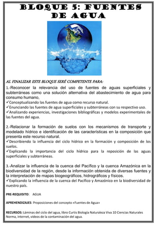 BLOQUE 5: FUENTES
DE AGUA
AL FINALIZAR ESTE BLOQUE SERÉ COMPETENTE PARA:
1.-Reconocer la relevancia del uso de fuentes de aguas superficiales y
subterráneas como una solución alternativa del abastecimiento de agua para
consumo humano,
Conceptualizando las fuentes de agua como recurso natural.
Enunciando las fuentes de agua superficiales y subterráneas con su respectivo uso.
Analizando experiencias, investigaciones bibliográficas y modelos experimentales de
las fuentes del agua.
2.-Relacionar la formación de suelos con los mecanismos de transporte y
modelado hídrico e identificación de las características en la composición que
presenta este recurso natural.
Describiendo la influencia del ciclo hídrico en la formación y composición de los
suelos.
Explicando la importancia del ciclo hídrico para la reposición de las aguas
superficiales y subterráneas.
3.-Analizar la influencia de la cuenca del Pacífico y la cuenca Amazónica en la
biodiversidad de la región, desde la información obtenida de diversas fuentes y
la interpretación de mapas biogeográficos, hidrográficos y físicos.
Explicando la influencia de la cuenca del Pacífico y Amazónico en la biodiversidad de
nuestro país.
PRE-REQUISITO: AGUA
APREHENDIZAJES: Proposiciones del concepto «Fuentes de Agua»
RECURSOS: Láminas del ciclo del agua, libro Curtis Biología Naturaleza Viva 10 Ciencias Naturales
Norma, internet, videos de la contaminación del agua.
 