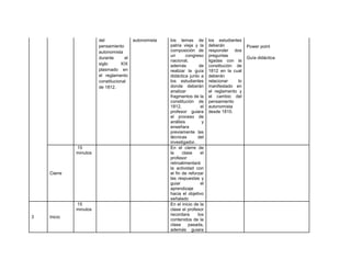 del
pensamiento
autonomista
durante el
siglo XIX
plasmado en
el reglamento
constitucional
de 1812.
autonomista los temas de
patria vieja y la
composición de
un congreso
nacional,
además de
realizar la guía
didáctica junto a
los estudiantes
donde deberán
analizar
fragmentos de la
constitución de
1812, el
profesor guiara
el proceso de
análisis y
enseñara
previamente las
técnicas del
investigador.
los estudiantes
deberán
responder dos
preguntas
ligadas con la
constitución de
1812 en la cual
deberán
relacionar lo
manifestado en
el reglamento y
el cambio del
pensamiento
autonomista
desde 1810.
Power point
Guía didáctica
Cierre
15
minutos
En el cierre de
la clase el
profesor
retroalimentará
la actividad con
el fin de reforzar
las respuestas y
guiar el
aprendizaje
hacia el objetivo
señalado
3 Inicio
15
minutos
En el inicio de la
clase el profesor
recordara los
contenidos de la
clase pasada,
además guiara
 