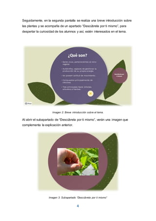 4
Seguidamente, en la segunda pantalla se realiza una breve introducción sobre
las plantas y se acompaña de un apartado “Descúbrela por ti mismo”, para
despertar la curiosidad de los alumnos y así, estén interesados en el tema.
Imagen 2: Breve introducción sobre el tema.
Al abrir el subapartado de “Descúbrela por ti mismo”, verán una imagen que
complementa la explicación anterior.
Imagen 3: Subapartado “Descúbrela por ti mismo”
 