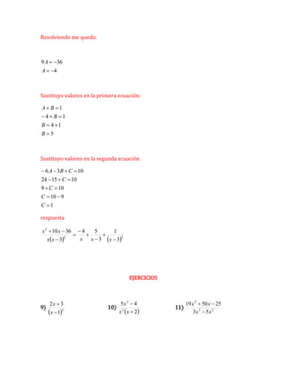 Resolviendo me queda:
4
36
9




A
A
Sustituyo valores en la primera ecuación:
5
1
4
1
4
1








B
B
B
B
A
Sustituyo valores en la segunda ecuación
1
9
10
10
9
10
15
24
10
3
6












C
C
C
C
C
B
A
respuesta
   2
2
2
3
1
3
5
4
3
36
10









x
x
x
x
x
x
x
EJERCICIOS
9)
 2
1
3
2


x
x
10)
 
2
4
5
2
2


x
x
x
11) 2
3
2
5
3
25
50
19
x
x
x
x



 