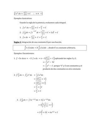 ∫ 𝑥𝑛
𝑑𝑥 =
𝑥𝑛+1
𝑛+1
+ 𝐶 ; 𝑛 ≠ −1
Ejemplos ilustrativos:
Usando la regla de la potencia, evaluemos cada integral.
1. ∫ 𝑥3
𝑑𝑥 =
𝑥3+1
3+1
+ 𝐶 =
𝑥4
4
+ 𝐶
2. ∫
1
√𝑡
𝑑𝑡 = ∫ 𝑡
−1/2
𝑑𝑡 =
𝑡
−
1
2
+1
−
1
2
+1
+ 𝐶 = 2√𝑡 + 𝐶
3. ∫ 𝑥 𝑑𝑥 =
𝑥1+1
1+1
+ 𝐶 =
𝑥2
2
+ 𝐶
Reglas 3: Integración de una constante K por una función.
∫ 𝑘 𝑓(𝑥)𝑑𝑥 = 𝐾 ∫ 𝑓(𝑥)𝑑𝑥 ; donde 𝐾 es constante arbitraria.
Ejemplos: Encontremos:
1. ∫ −5𝑥 𝑑𝑥𝑥𝑥 = −5 ∫ 𝑥 𝑑𝑥 = 𝑛 − 5 (
𝑥1+1
1+1
+ 𝐶) aplicando las reglas 3 y 2.
=−
5
2
𝑥2
− 5𝐶
= -
5
2
𝑥2
− 𝐶 porque “C” y 5 son constantes y el
producto de dos constantes es otra constante
2. ∫
𝑥2
2
𝑑𝑥 = ∫
1
2
𝑥2
𝑑𝑥 =
1
2
∫ 𝑥2
𝑑𝑥
=
1
2
(
𝑥2+1
2+1
+ 𝐶)
=
1
2
(
𝑥2+1
2+1
+ 𝐶)
=
𝑥3
6
+
1
2
𝐶
=
𝑥3
6
+ 𝐶
3. ∫
3
√𝑥
𝑑𝑥 = ∫ 3𝑥−1/2
𝑑𝑥 = 3 ∫ 𝑥−1/2
𝑑𝑥
= 3 (
𝑥
−
1
2
+ 1
−
1
2
+ 1
+ 𝐶)
= 3
𝑥
1
2
1
2
+ 3𝐶 = 6𝑥1/2
+ 𝐶
 
