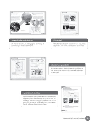 9Organización de laTexto del estudiante
De manera atractiva, en estas páginas se entrega el
contenido por medio de imágenes.
Al final del texto, encontrará páginas que tienen por
objetivo desarrollar diferentes técnicas con sus es-
tudiantes para la comprensión de los contenidos y
para el desarrollo de habilidades de comunicación.
Puede utilizarlas durante todo el año.
Al finalizar la unidad se encontrará con estas páginas
que presentan actividades para evaluar lo aprendido
en la unidad.
Al finalizar cada lección, encontrará una evaluación
de proceso para ver el avance de sus estudiantes.
Aprendiendo con imágenes
Aprendiendo técnicas
¿Cuánto has aprendido?
¿Cómo vas?
 