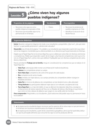 100 Historia 2º básico Guía didáctica del docente
Páginas del Texto: 110 – 111
Lección 5
¿Cómo viven hoy algunos
pueblos indígenas?
Inicio: Muestre o proyecte imágenes de moáis a sus estudiantes y pregúnteles: ¿Qué son?, ¿de qué están
hechos?, ¿a qué pueblo pertenecen?, ¿dónde están ubicados?
Desarrollo: Lea el título de la página 110 y pídales a sus estudiantes que respondan a partir de lo que obser-
van en las imágenes. Coménteles que su idioma también es un elemento que ha permanecido en el tiempo.
Dígales que el Tapati Rapa Nui es la semana Rapa Nui, que se celebra por varios días con diversas ceremonias
y competencias. Pídales que respondan a partir de la imagen: ¿Qué tipo de competencias creen que se ha-
cen en el Tapati Rapa Nui?, ¿cómo crees que celebran? Explíqueles que son diversas competencias de canto,
danza y deportivas.
Para la actividad de Trabaja con tu familia, tenga en consideración las competencias que se realizan en el
Tapati Rapa Nui:
•	 Vaka Tuai: cada equipo debe recrear una embarcación tradicional polinesia.
•	 Takona: los competidores pintan su cuerpo.
•	 Koro Haka Opo: competencia de canto entre grupos de cada equipo.
•	 Riu: competencia de cantos rituales.
•	 Pora: vestidos con trajes típicos y sus cuerpos pintados, los competidores deben navegar en
flotadores de totora.
•	 Haka Pei: en troncos de plátanos, los competidores se tiran desde el cerro a alta velocidad.
•	 Titingi Mahute: los participantes elaboran trajes típicos con mahuete, una planta de la isla.
•	 Tau’a Rapa Nui: es un tipo de triatlón, en que se alternan tres deportes: Vaka Ama, canotaje en
embarcaciones de totora; natación de Pora, con un flotador de totora; y Aka Venga, en que tienen
que correr con dos cabezas de plátanos que cargan en una varilla sobre los hombros.
Para comprender: Pregúnteles a sus estudiantes: ¿Qué tradiciones del pueblo rapa nui permanecen hasta
la actualidad?
Sugerencias didácticas
•	 Reconocer a los rapa nui como
pueblo indígena incorporado a Chile.
•	 Reconocer que el pueblo rapa nui ha
permanecido en el tiempo.
•	 Clanes. •	 Reconocer la existencia de
pueblos originarios en Chile.
•	 Identificar la ubicación de la
Isla de Pascua.
Propósitos de las páginas Vocabulario Prerrequisitos
1.	 a. Se espera que los estudiantes logren reconocer que los aspectos de la cultura rapa nui que permanecen
en el tiempo son: la pintura corporal, la pesca, los rituales y la vestimenta.
b. Se espera que los estudiantes, a partir de las características geográficas y de lo que han aprendido, deduz-
can que los principales alimentos que consumen los rapa nui son los productos del mar.
Solucionario
 