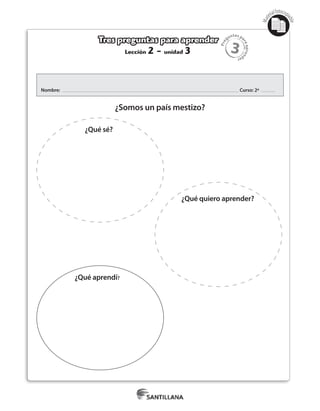 3
Pre
guntas pa
raapren
der
Mat
erialfotocopi
able
Lección 2 - unidad 3
Tres preguntas para aprender
Nombre: Curso: 2º
¿Somos un país mestizo?
¿Qué sé?
¿Qué quiero aprender?
¿Qué aprendí?
 