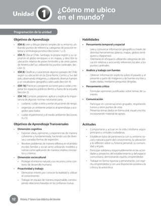 Historia 2º básico Guía didáctica del docente12
Objetivos de Aprendizaje
•	 (OA 6) Leer y dibujar planos simples de su entorno, uti-
lizando puntos de referencia, categorías de posición re-
lativa y simbología pictórica (lecciones 1 y 2).
•	 (OA 7) Ubicar Chile, Santiago, la propia región y su ca-
pital en el globo terráqueo o en mapas, y describir la
ubicación relativa de países limítrofes y de otros países
de América del Sur, utilizando los puntos cardinales. (lec-
ción 3).
•	 (OA 8) Clasificar y caracterizar algunos paisajes de Chile
según su ubicación en la Zona Norte, Centro y Sur del
país, observando imágenes, y utilizando diversas fuentes
y un vocabulario geográfico adecuado (lección 4).
•	 (OA 16) Practicar y proponer acciones para cuidar y res-
petar los espacios públicos dentro y fuera de la escuela
(lección 5).
•	 (OA 14) Conocer, proponer, aplicar y explicar la impor-
tancia de algunas normas necesarias para:
•	 cuidarse, cuidar a otros y evitar situaciones de riesgo.
•	 organizar un ambiente propicio al aprendizaje y aco-
gedor para todos .
•	 cuidar el patrimonio y el medio ambiente (lecciones
4 y 5).
Objetivos de Aprendizaje Transversales
•	 Dimensión cognitiva
•	 Exponer ideas, opiniones, y experiencias de manera
coherente y fundamentada, haciendo uso de diver-
sas y variadas formas de expresión.
•	 Resolver problemas de manera reflexiva en el ámbito
escolar, familiar y social, tanto utilizando modelos y
rutinas como aplicando de manera creativa concep-
tos y criterios.
•	 Dimensión sociocultural
•	 Proteger el entorno natural y sus recursos como con-
texto de desarrollo humano.
•	 Proactividad y trabajo
•	 Demostrar interés por conocer la realidad y utilizar
el conocimiento.
•	 Trabajar en equipo de manera responsable, constru-
yendo relaciones basadas en la confianza mutua.
Habilidades
•	 Pensamiento temporal y espacial
-- Leer y comunicar información geográfica a través de
distintas herramientas (planos, mapas, globos terrá-
queos y diagramas).
-- Orientarse en el espacio utilizando categorías de ubi-
cación relativa y asociando referentes locales a los
puntos cardinales.
•	 Análisis y trabajo con fuentes
-- Obtener información explícita sobre el pasado y el
presente a partir de imágenes y de fuentes escritas y
orales dadas, mediante preguntas dirigidas.
•	 Pensamiento crítico
-- Formular opiniones justificadas sobre temas de su
interés.
•	 Comunicación
-- Participar en conversaciones grupales, respetando
turnos y otros puntos de vista.
-- Presentar temas dados en forma oral, visual y escrita,
incorporando material de apoyo.
Actitudes
•	 Comportarse y actuar en la vida cotidiana según
principios y virtudes ciudadanas.
•	 Establecer lazos de pertenencia con su entorno so-
cial y natural a partir del conocimiento, la valoración
y la reflexión sobre su historia personal, su comuni-
dad y el país.
•	 Participar solidaria y responsablemente en las activi-
dades y proyectos del establecimiento y del espacio
comunitario, demostrando espíritu emprendedor.
•	 Trabajar en forma rigurosa y perseverante, con espí-
ritu emprendedor y con una disposición positiva a la
crítica y la autocrítica.
Programación de la unidad
1Unidad
¿Cómo me ubico
en el mundo?
 