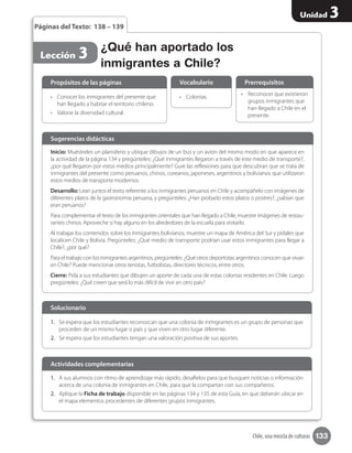 133
Unidad 3
Chile, una mezcla de culturas
Lección 3
Páginas del Texto: 138 – 139
Inicio: Muéstreles un planisferio y ubique dibujos de un bus y un avión del mismo modo en que aparece en
la actividad de la página 134 y pregúnteles: ¿Qué inmigrantes llegaron a través de este medio de transporte?,
¿por qué llegaron por estos medios principalmente? Guíe las reflexiones para que descubran que se trata de
inmigrantes del presente como peruanos, chinos, coreanos, japoneses, argentinos y bolivianos que utilizaron
estos medios de transporte modernos.
Desarrollo: Lean juntos el texto referente a los inmigrantes peruanos en Chile y acompáñelo con imágenes de
diferentes platos de la gastronomía peruana, y pregúnteles: ¿Han probado estos platos o postres?, ¿sabían que
eran peruanos?
Para complementar el texto de los inmigrantes orientales que han llegado a Chile, muestre imágenes de restau-
rantes chinos. Aproveche si hay alguno en los alrededores de la escuela para visitarlo.
Al trabajar los contenidos sobre los inmigrantes bolivianos, muestre un mapa de América del Sur y pídales que
localicen Chile y Bolivia. Pregúnteles: ¿Qué medio de transporte podrían usar estos inmigrantes para llegar a
Chile?, ¿por qué?
Para el trabajo con los inmigrantes argentinos, pregúnteles: ¿Qué otros deportistas argentinos conocen que vivan
en Chile? Puede mencionar otros tenistas, futbolistas, directores técnicos, entre otros.
Cierre: Pida a sus estudiantes que dibujen un aporte de cada una de estas colonias residentes en Chile. Luego
pregúnteles: ¿Qué creen que será lo más difícil de vivir en otro país?
Sugerencias didácticas
•	 Conocer los inmigrantes del presente que
han llegado a habitar el territorio chileno.
•	 Valorar la diversidad cultural.
•	 Colonias. •	 Reconocer que existieron
grupos inmigrantes que
han llegado a Chile en el
presente.
Propósitos de las páginas Vocabulario Prerrequisitos
¿Qué han aportado los
inmigrantes a Chile?
1.	 A sus alumnos con ritmo de aprendizaje más rápido, desafíelos para que busquen noticias o información
acerca de una colonia de inmigrantes en Chile, para que la compartan con sus compañeros.
2.	 Aplique la Ficha de trabajo disponible en las páginas 134 y 135 de esta Guía, en que deberán ubicar en
el mapa elementos procedentes de diferentes grupos inmigrantes.
1.	 Se espera que los estudiantes reconozcan que una colonia de inmigrantes es un grupo de personas que
proceden de un mismo lugar o país y que viven en otro lugar diferente.
2.	 Se espera que los estudiantes tengan una valoración positiva de sus aportes.
Solucionario
Actividades complementarias
 